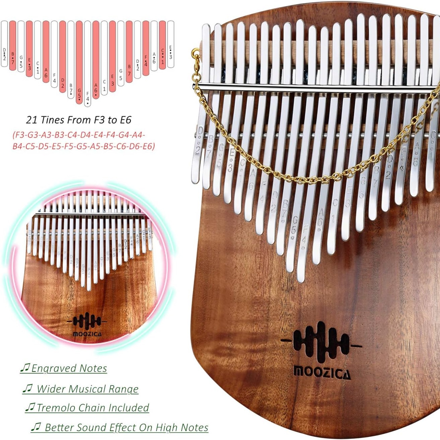 Moozica 21-Key Solid Koa Kalimba Thumb Piano, detail view